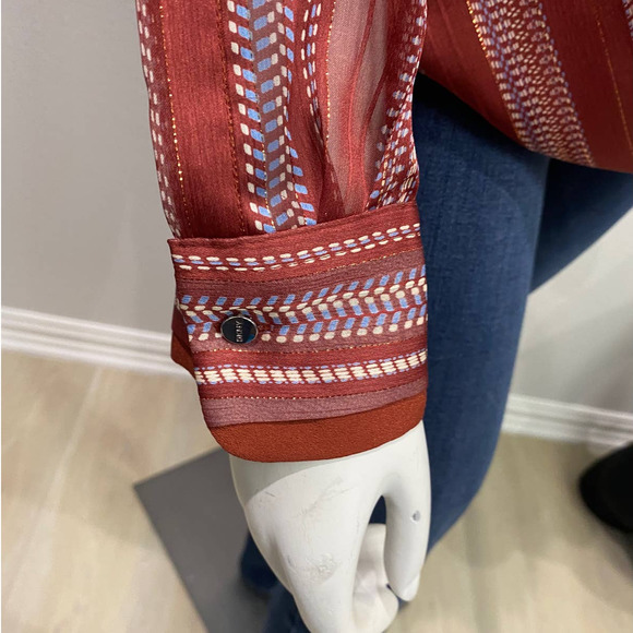 DKNY Crossover Top Rust Cream Blue Tunic Sheer Back Size S - Picture 5 of 7